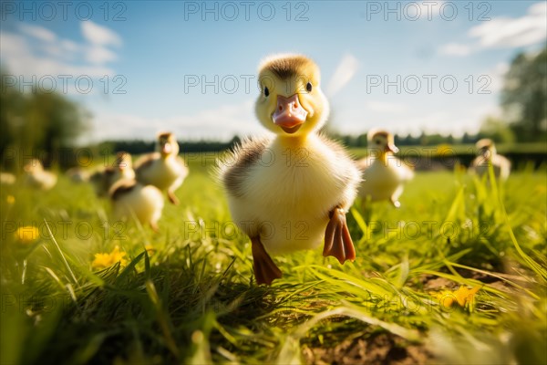 A close-up of a cute duckling standing in a sunlit meadow, with other ducklings and wildflowers in the background, AI generated