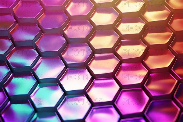 Gradient honeycomb pattern illuminated with vibrant colors. Ideal for backgrounds, wallpapers, and abstract designs, AI generated