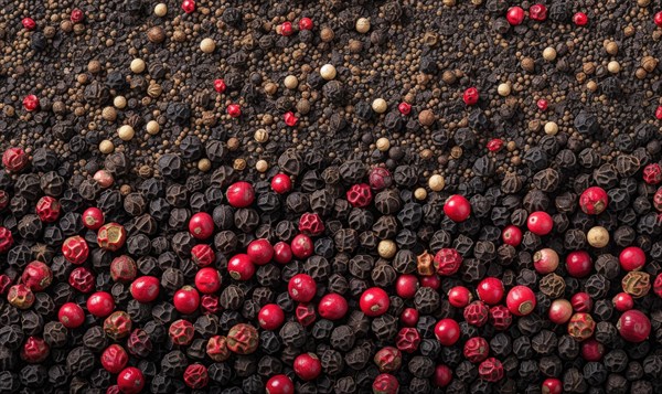 Top view of black and red pepper peppercorns on wooden background AI generated