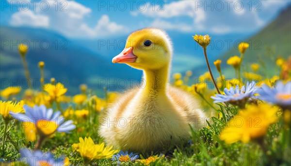 AI generated, animal, animals, bird, birds, biotope, habitat, one, individual, foraging, wildlife, goose, domestic goose, domestic geese, (Anser anser), female, gosling, gosling, yellow gosling, swim, pond, body of water, water, lie, meadow, flowers, summer, two, three, four, pet, domestic animals, farm animal, farm animals