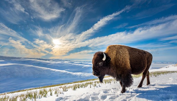 AI generated, animal, animals, mammal, mammals, biotope, habitat, one, individual animal, foraging, wildlife, bison, North America, buffalo, wild cattle, (Bison bonasus), ice, snow, winter, winter landscape