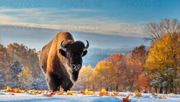 AI generated, animal, animals, mammal, mammals, biotope, habitat, one, individual, foraging, wildlife, bison, North America, Buffalo, wild cattle, (Bison bonasus), autumn, autumn leaves, early winter, snow