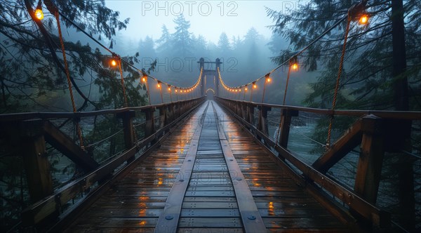 Wet wooden suspension bridge with lights in a foggy forest at dawn, ai generated, AI generated