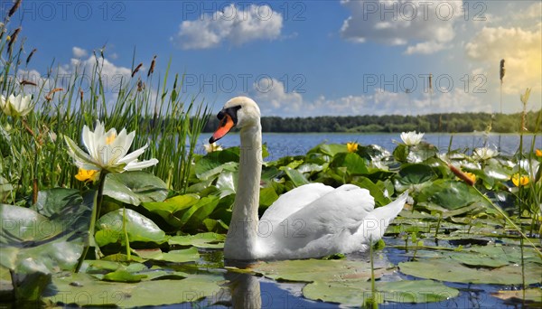 Ai generated, animal, animals, bird, birds, biotope, habitat, a, individual, swims, waters, reeds, water lilies, blue sky, foraging, wildlife, summer, seasons, mute swan (Cygnus olor)