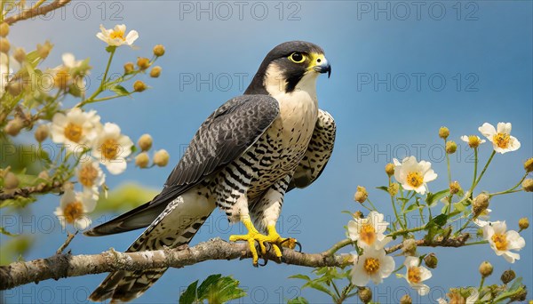 KI generated, animal, animals, bird, birds, biotope, habitat, a, individual, sits, branch, perch, summer, peregrine falcon (Falco peregrinus) flight recording, blue sky, tree blossom, fruit tree, fruit tree blossom