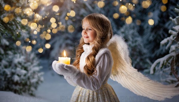 AI generated, girl, angel, winter, snow, ice, firs, snowy, snowflakes, winter landscape, costume, clothes, angel costume, candle, candles, light, lights, beautiful teeth, smiles, friendly, Christmas, evening, night shot, winter forest, church, one person, 8-12 years, burning candle