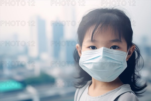 Young Asian woman with medical mask with city covered in smog in background. Air pollution concept. KI generiert, generiert AI generated
