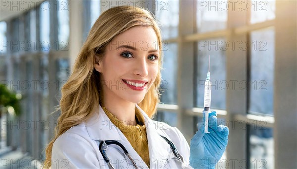 AI generated, RF, woman, woman, doctor, female doctor, 25, 30, years, attractive, attractive, doctor's office, holds a syringe in her hand, disposable syringe, flu shot, corona, pneumococcal, prevention, health, blonde, blonde, beautiful teeth, long hair