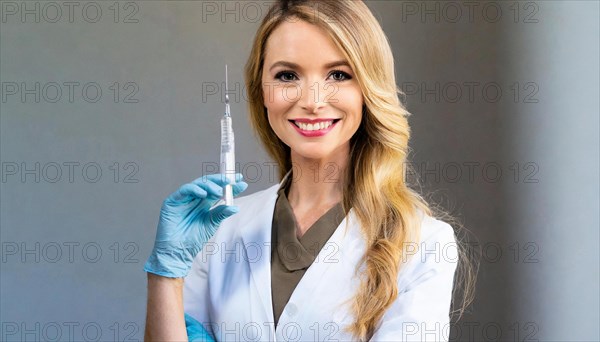 AI generated, RF, woman, woman, doctor, female doctor, 25, 30, years, attractive, attractive, doctor's office, holds a syringe in her hand, disposable syringe, flu shot, corona, pneumococcal, prevention, health, blonde, blonde, beautiful teeth, long hair