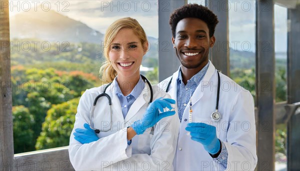 Ai generated, RF, woman, woman, man, men, doctor, female doctor, two, 30-35, years, attractive, attractive, doctor's office, holds a syringe in her hand, disposable syringe, flu shot, corona, pneumococcal, prevention, health, blonde, blond, blonde, beautiful teeth, long hair, two people, German, African