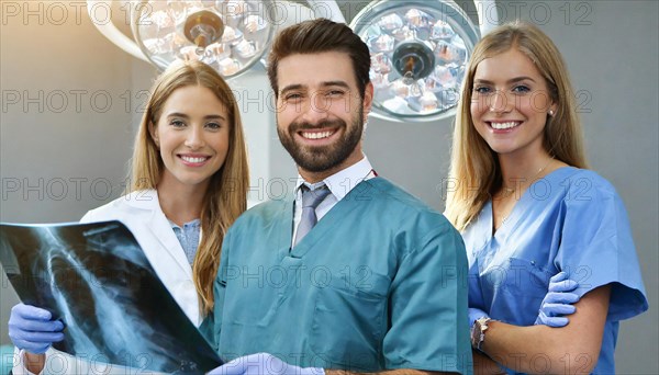 KI generated, RF, woman, woman, man, doctor, medical, medical team, team, 30+, years, attractive, attractive, medical practice, look at an x-ray, x-ray, examination, check-up, health, blond, blonde, blonde, beautiful teeth, long hair, beard bearer, three people