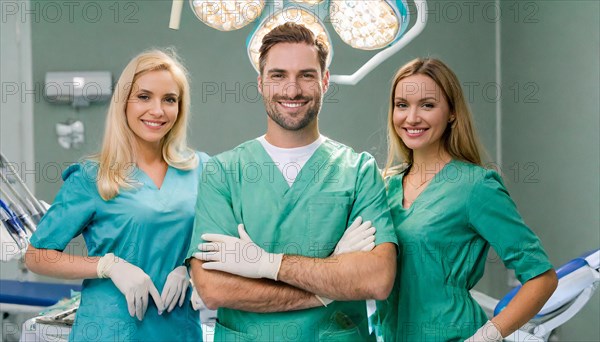 AI generated, RF, woman, woman, man, doctor, doctor team, team, 30, years, attractive, attractive, doctor's office, operating theatre, operating room, examination, prevention, health, blond, blonde, blonde, beautiful teeth, long hair, beard bearer, three people, two. woman, one doctor, AI generated