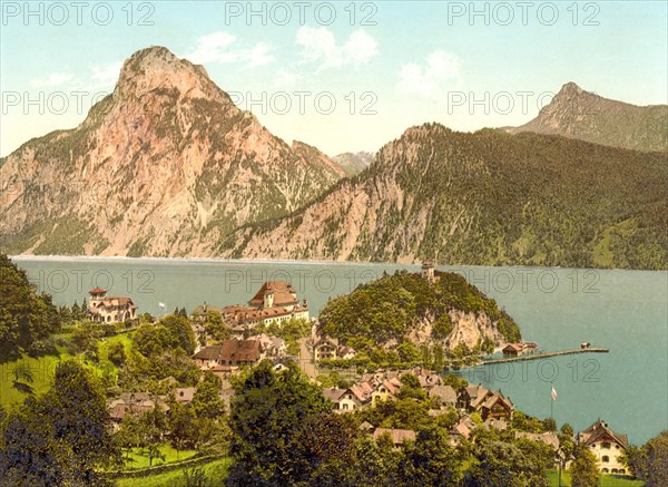 Traunkirchen, in the district of Gmunden in the Traunviertel on Lake Lake Traun, Upper Austria, Austria, around 1890, Historical, digitally restored reproduction from a 19th century original Traunkirchen, in the district of Gmunden in the Traunviertel on Lake Lake Traun, Upper Austria, Austria, around 1890, Historical, digitally restored reproduction from a 19th century original, Europe