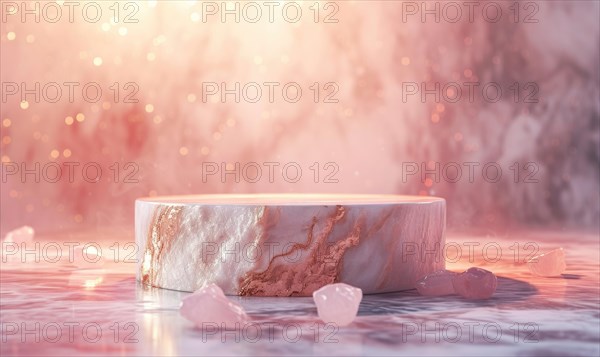 Pink marble podium with shadow of leaves and rose quartz texture background AI generated