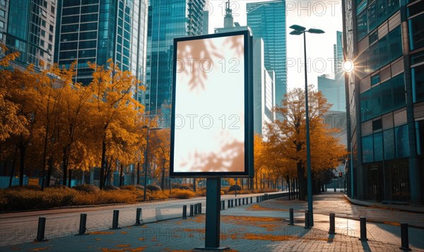 Blank street billboard on city street. Mock up of vertical advertising stand in the street AI generated