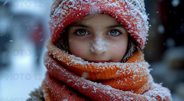 A child's face framed by a snow-dusted orange scarf and cap, looking at the camera with a soft gaze, AI generated