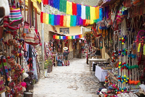 Souvenir alley in the Parque Arqueologico de Ollantaytambo, Cusco region, Peru, South America