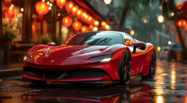 Red Ferrari sports car parked on an illuminated wet street at night with bokeh lights, AI generated