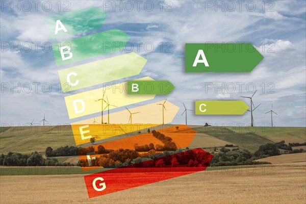 Solar panel system with EU energy label, symbolic image