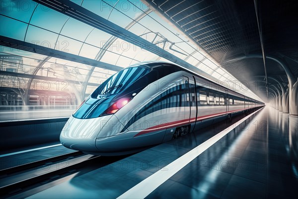 Modern high speed train in a futuristic train station. Modern transportation technology, speed, travel concepts. Railroad with motion blur effect Modern high speed train in a futuristic train station. Railroad with motion blur effect, AI generated