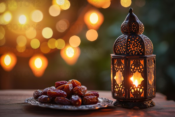 Ramadan lantern to a plate of succulent figs on bokeh background, set on an ornate table with intricate designs, evoking the rich traditions and serene moments of the holy month, AI generated