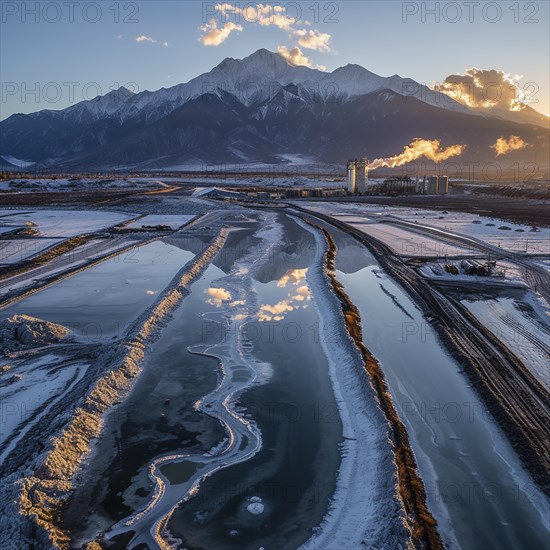 Lithium mining in a white salt lake in South America, AI generated