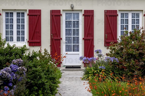House facade with mullioned windows, entrance door, red shutters and flower beds, Ile de Brehat, Brittany, France, Europe