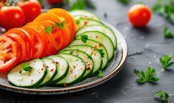 Fresh vegetable salad with tomatoes, cucumbers and greens on a black background AI generated