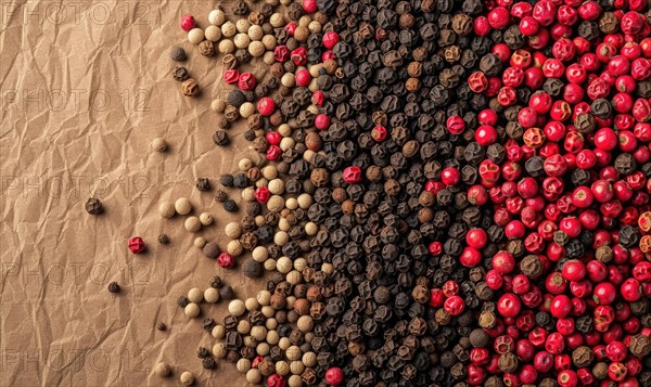 Black, red and white peppercorns on brown paper background AI generated