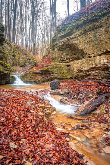 Waterfall in the Rautal forest in Jena in winter, Jena, Thuringia, Germany, Europe