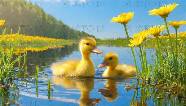 KI generated, animal, animals, bird, birds, biotope, habitat, one, single animal, foraging, wildlife, duck, ducks, domestic duck, female, (Anas platyrhynchos) white, white, yellow ducklings, young animals, animal children, two, three, four, white duck mother with yellow chicks, excursion, water, meadow, grass, spring, summer, flowers, pond, swimming, sitting, farm animal, domestic animal