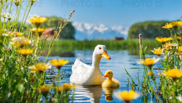 KI generated, animal, animals, bird, birds, biotope, habitat, one, single animal, foraging, wildlife, duck, ducks, domestic duck, female, (Anas platyrhynchos) white, white, yellow ducklings, young animals, animal children, two, three, four, white duck mother with yellow chicks, excursion, water, meadow, grass, spring, summer, flowers, pond, swimming, sitting, farm animal, domestic animal