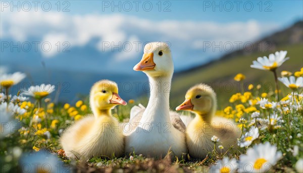 AI generated, animal, animals, bird, birds, biotope, habitat, one, individual, foraging, wildlife, goose, domestic goose, domestic geese, (Anser anser), female, gosling, gosling, yellow gosling, swim, pond, body of water, water, lie, meadow, flowers, summer, two, three, four, pet, domestic animals, farm animal, farm animals