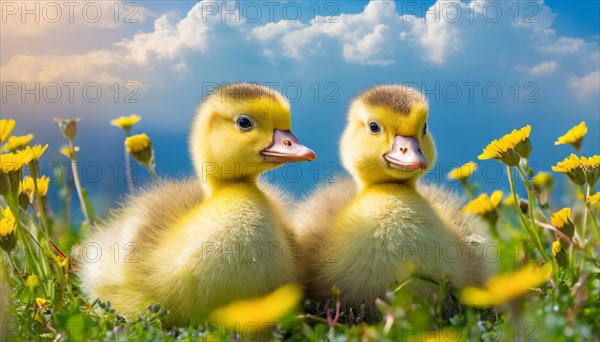 AI generated, animal, animals, bird, birds, biotope, habitat, one, individual, foraging, wildlife, goose, domestic goose, domestic geese, (Anser anser), female, gosling, gosling, yellow gosling, swim, pond, body of water, water, lie, meadow, flowers, summer, two, three, four, pet, domestic animals, farm animal, farm animals