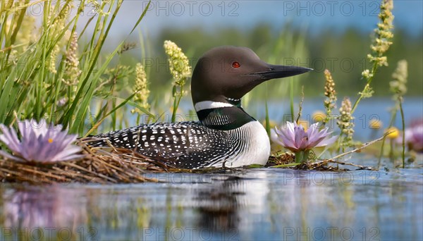 Ai generated, animal, animals, bird, birds, biotope, habitat, a, individual, swims, waters, breeds, nest, reeds, water lilies, blue sky, foraging, wildlife, summer, seasons, loon, (Gavia immer), tundra, Greenland, Iceland, Canada, loon, winters on the coasts of Europe, North America