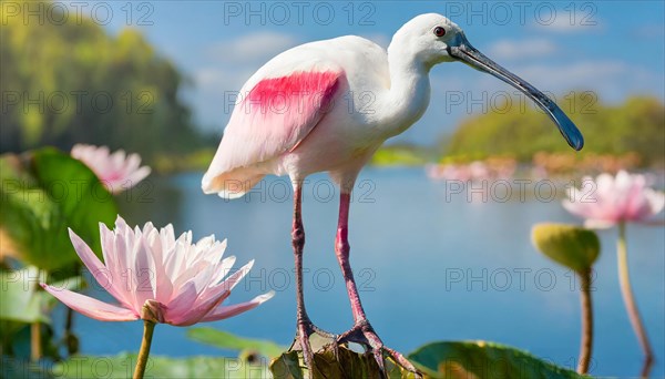 Ai generated, animal, animals, bird, birds, biotope, habitat, an, individual, swims, waters, reeds, water lilies, blue sky, foraging, wildlife, summer, seasons, roseate spoonbill, spoonbill