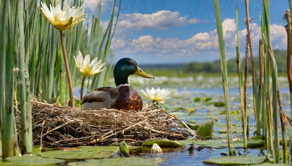 Ai generated, animal, animals, bird, birds, biotope, habitat, a, individual, swims, waters, reeds, water lilies, blue sky, foraging, wildlife, summer, seasons, mallard, male, drake, broods, nest, (Anas platyrhynchos, swimmer, goose family)