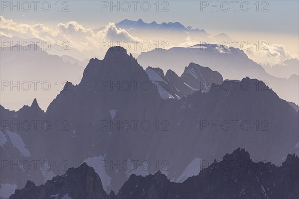 Mountain peak with glacier at sunrise, Mont Blanc massif, French Alps, Chamonix, France, Europe