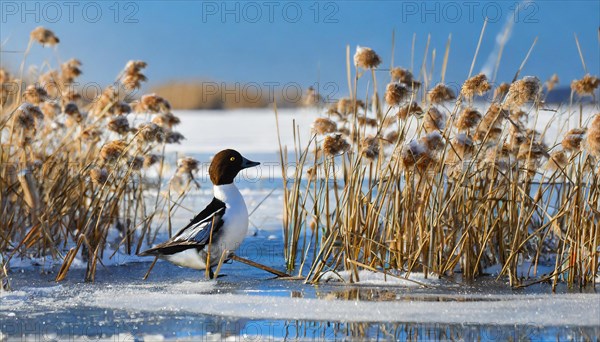 Ai generated, animal, animals, bird, birds, biotope, habitat, a, individual, swims, water, reeds, water lilies, blue sky, foraging, wildlife, summer, seasons, goldeneye, (Bucephala clangula), female