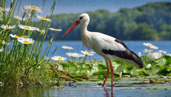 Ai generated, animal, animals, bird, birds, biotope, habitat, a, individual, swims, waters, reeds, water lilies, blue sky, foraging, wildlife, summer, seasons, white stork (Ciconia ciconia)