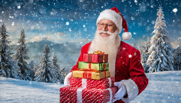 AI generated, man, 70+, Father Christmas, red coat, backpack, full beard, winter, snow, ice, fir trees, snowy, snowflakes, winter landscape, Christmas hat, costume, clothes, colourful, colourful presents, packages, nice teeth, smiles, friendly, Christmas, evening, night shot, winter forest