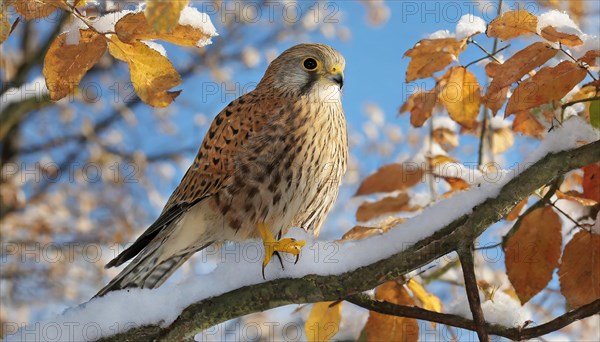 Ai generated, animal, animals, bird, birds, biotope, habitat, one, individual, perches, branch, common kestrel (Falco tinnunculus), ice, snow, autumn, autumn leaves, winter, between the seasons