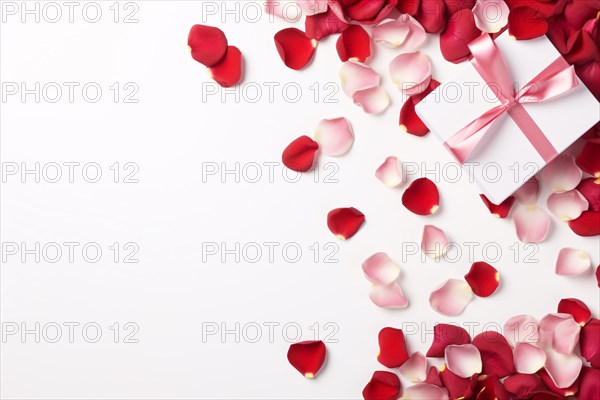 Gift box with red and pink rose flower petals on white background with copy space. KI generiert, generiert AI generated