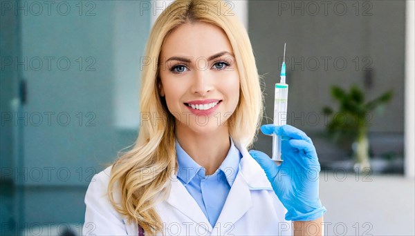 AI generated, RF, woman, woman, doctor, female doctor, 25, 30, years, attractive, attractive, doctor's office, holds a syringe in her hand, disposable syringe, flu shot, corona, pneumococcal, prevention, health, blonde, blonde, beautiful teeth, long hair