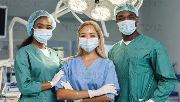 AI generated, RF, woman, woman, man, doctor, doctor team, team, 30, years, attractive, attractive, doctor's office, operating theatre, operating room, examination, prevention, health, blond, blonde, blonde, beautiful teeth, long hair, beard bearer, three people, two. woman, one doctor, AI generated