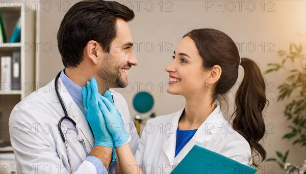 AI generated, RF, woman, woman, man, men, doctor, female doctor, two, 30-35, years, attractive, attractive, doctor's office, hold, hand, in love, love, affection, tenderness, blond, blonde, blonde, beautiful teeth, long hair, two people, lovers, bearded, AI generated