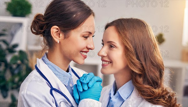 AI generated, RF, woman, woman, doctor, female doctor, two, 30-35, years, attractive, attractive, doctor's office, holding, hand, in love, love, affection, tenderness, blonde, blond, blonde, beautiful teeth, long hair, two people, lovers, AI generated