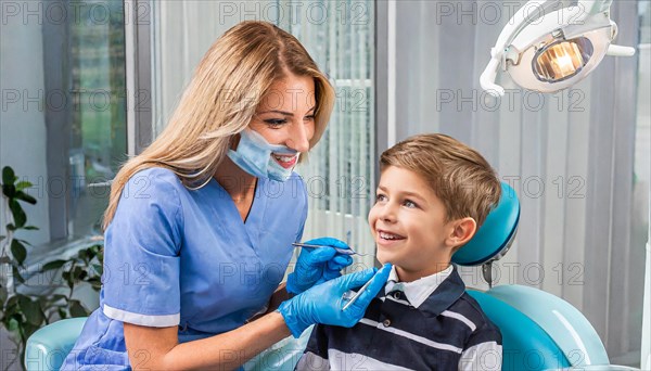 AI generated, dentist treats little boy, dentist, blonde, 30, 35, years, dental treatment, follow-up, AI generated