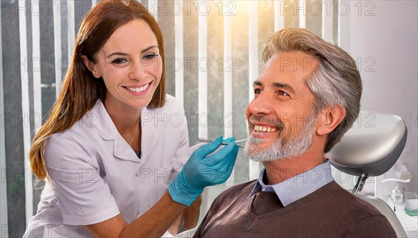 AI generated, dentist treats an attractive older man, senior, seniors, 65, dentist, blonde, 30, 35, years, dental treatment, follow-up, AI generated