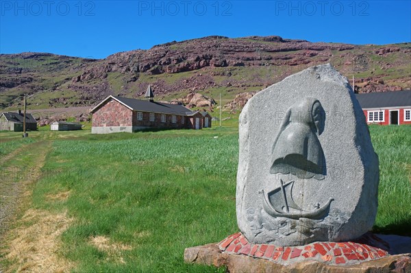 Stone memorial to Erik the Red, individual houses, meadow and mountain, Igaliku, North America, Greenland, Denmark, North America